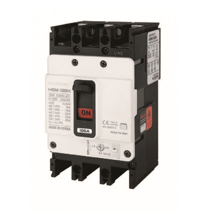 Interruptor automàtic en caixa modelada Hyundai HGM100 3P 32A 690V amb referència HGM100-H3P032F de la marca HYUNDAI