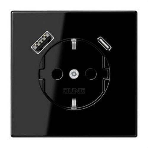 Base de enchufe schuko con cargador USB Safety+ negro LS con referencia LS1520-15CASW de la marca JUNG