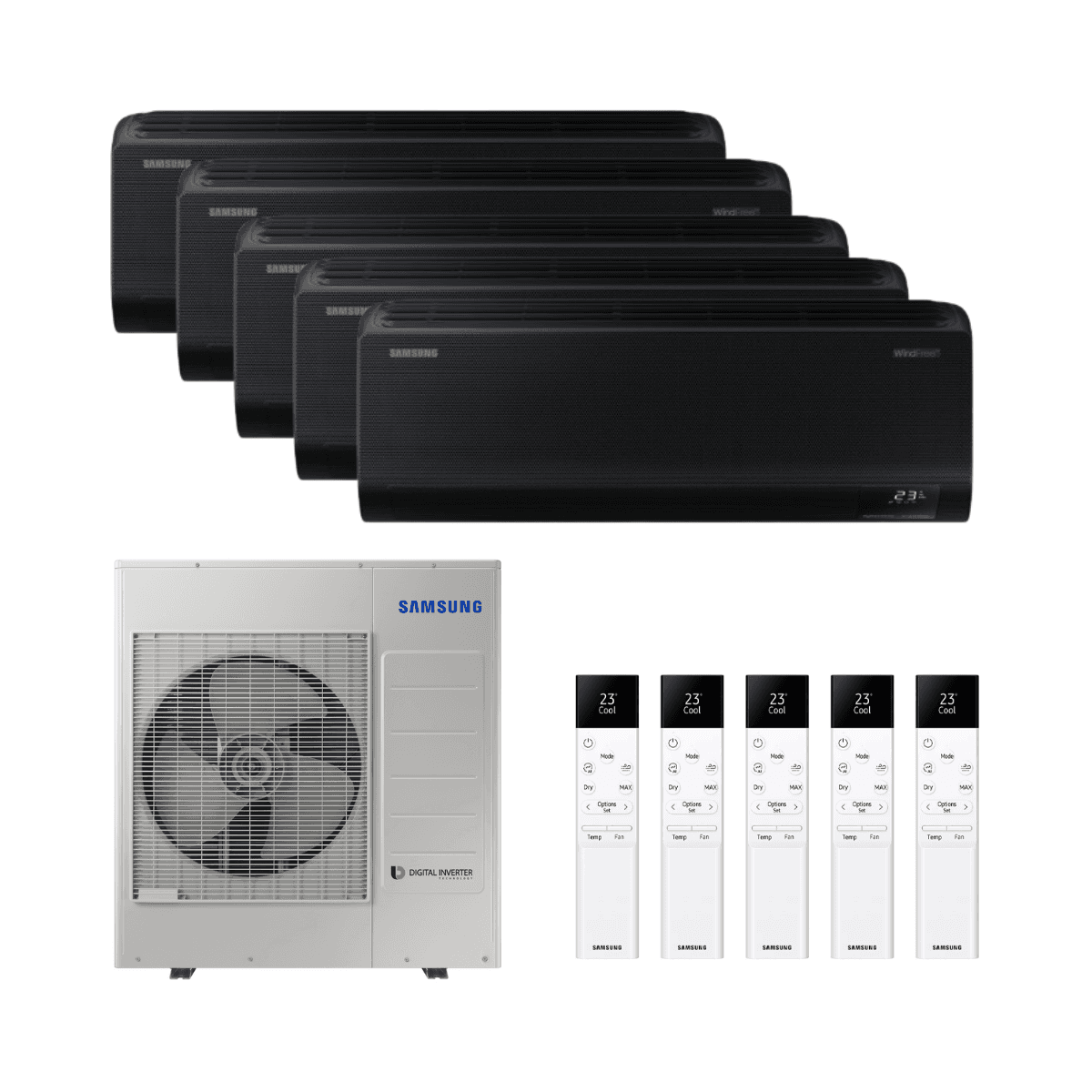 Air Conditioner 5x1 with WiFi Samsung WindFree Avant Black S2 2.0 kW (3) + 2.5 kW + 3.5 kW with reference SAMWFCAB20707070912 from the brand SAMSUNG