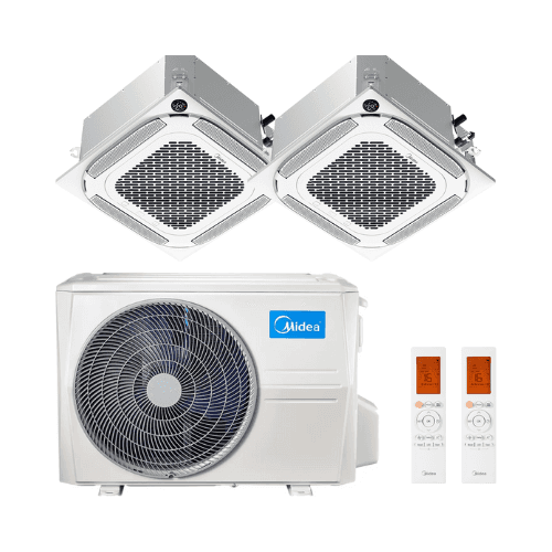 Aire acondicionado cassette 2x1 Midea Breezeless 360º 2,5 kW + 3,5 kW con referencia MCA4U-09-12NXM2O-18N8 de la marca MIDEA