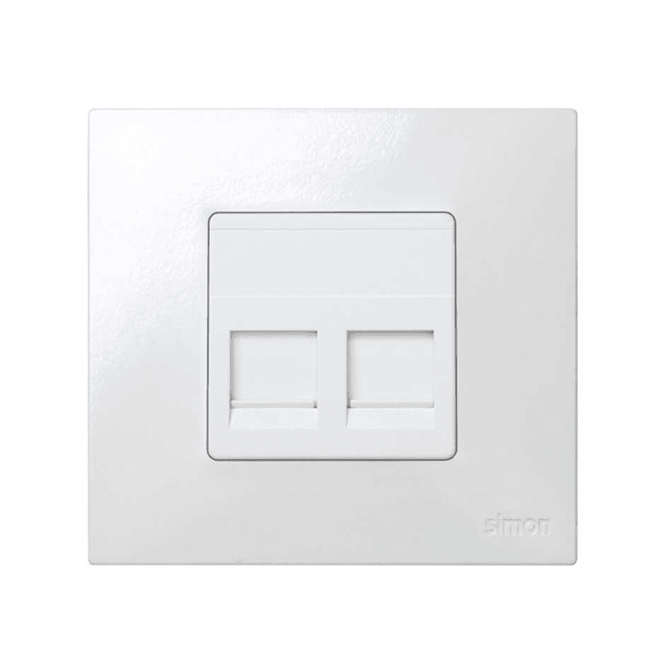 Placa de voz y datos plana con guardapolvo para 2 conectores RJ45 AMP blanco Simon 27 Play con referencia 27486-35 de la marca SIMON