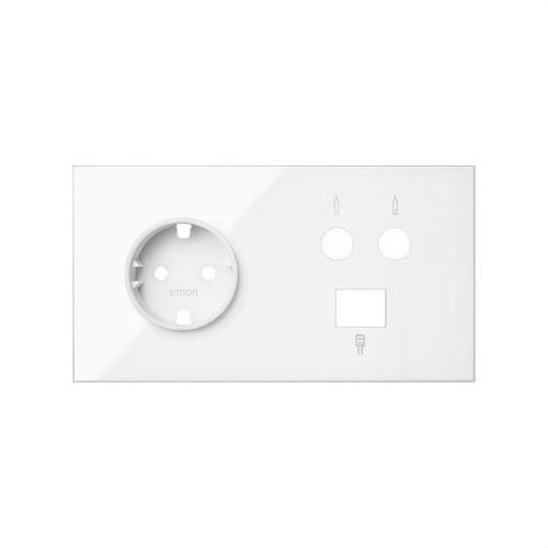 Kit front para 2 elementos con 1 base de enchufe schuko,1 toma R-TV+SAT única con 1 conector RJ45 6 UTP blanco brillante Simon 100 con referencia 10020208-130 de la marca SIMON