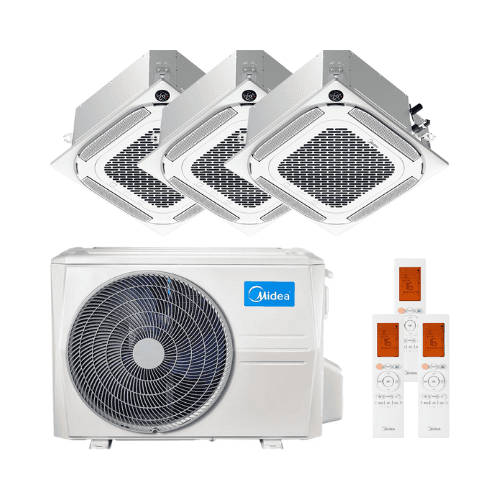 Aire acondicionado cassette 3x1 Midea Breezeless 360º 2,5 kW (2) + 3,5 kW con referencia MCA4U-09NX(2)-12NXM3O-27N8 de la marca MIDEA