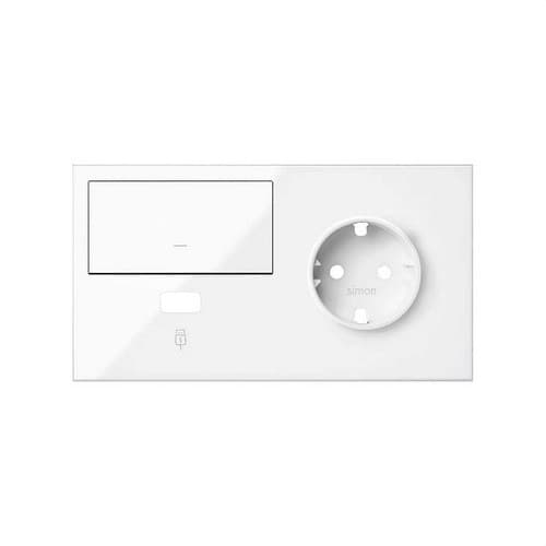 Kit front para 2 elementos con 1 base de enchufe schuko, 1 tecla y 1 cargador USB derecha blanco brillante Simon 100 con referencia 10020206-130 de la marca SIMON