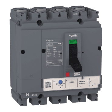 EasyPact CVS250B Circuit Breaker 25 kA at 415 VAC rating 250 A thermal-magnetic trip unit TM-D 4P 3r with reference LV525313 from the brand SCHNEIDER ELECTRIC
