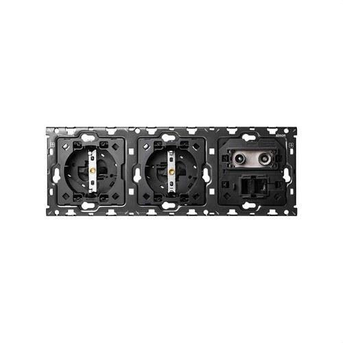 Kit back para 3 elementos con 2 bases de enchufe schuko y 1 toma R-TV+SAT única con 1 conector RJ45 Simon 100 con referencia 10010303-039 de la marca SIMON
