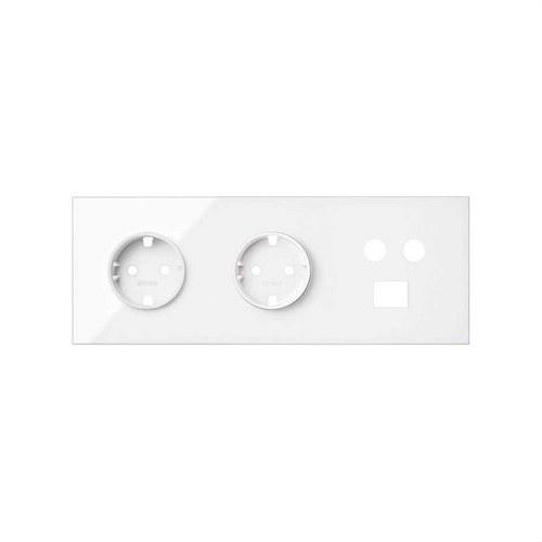 Kit front para 3 elementos con 2 bases de enchufe schuko y 1 toma R-TV+SAT única con 1 conector RJ45 negro brillante Simon 100 con referencia 10020303-230 de la marca SIMON