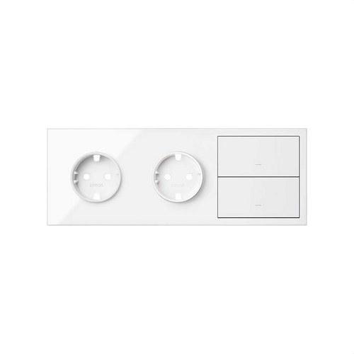 Kit front para 3 elementos con 2 bases enchufe schuko y 2 teclas blanco brillante Simon 100 con referencia 10020310-130 de la marca SIMON