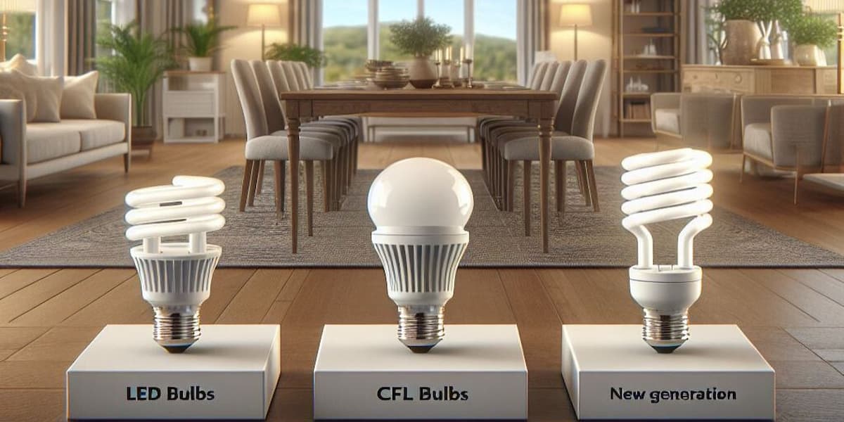 comparativa visual de las bombillas de bajo consumo. de fondo aparece el salón de una casa